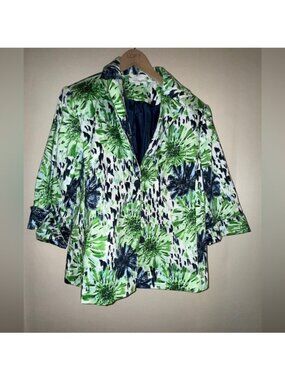 Dressbarn Woman Green & Navy Floral Blazer Jacket Size 14/16 Cotton Blend